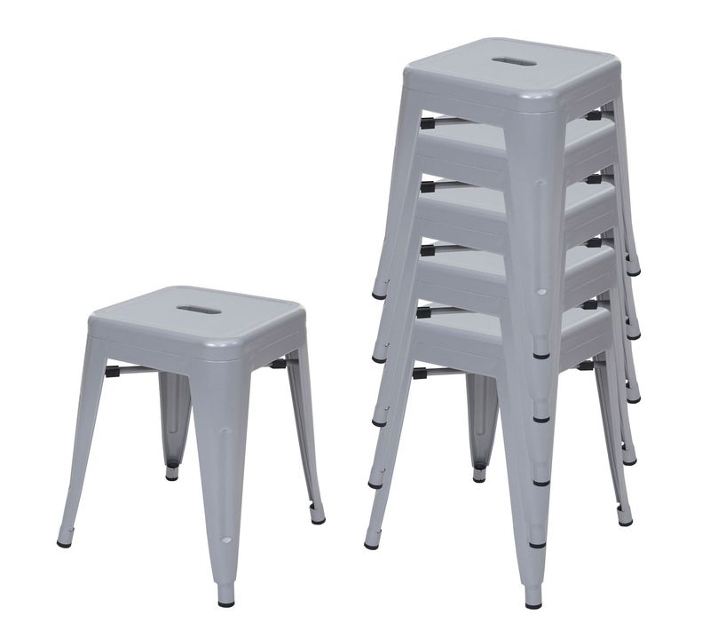 Lot De 6 Tabourets Bas En Métal Gris Design Industriel Empilable 04_0007803