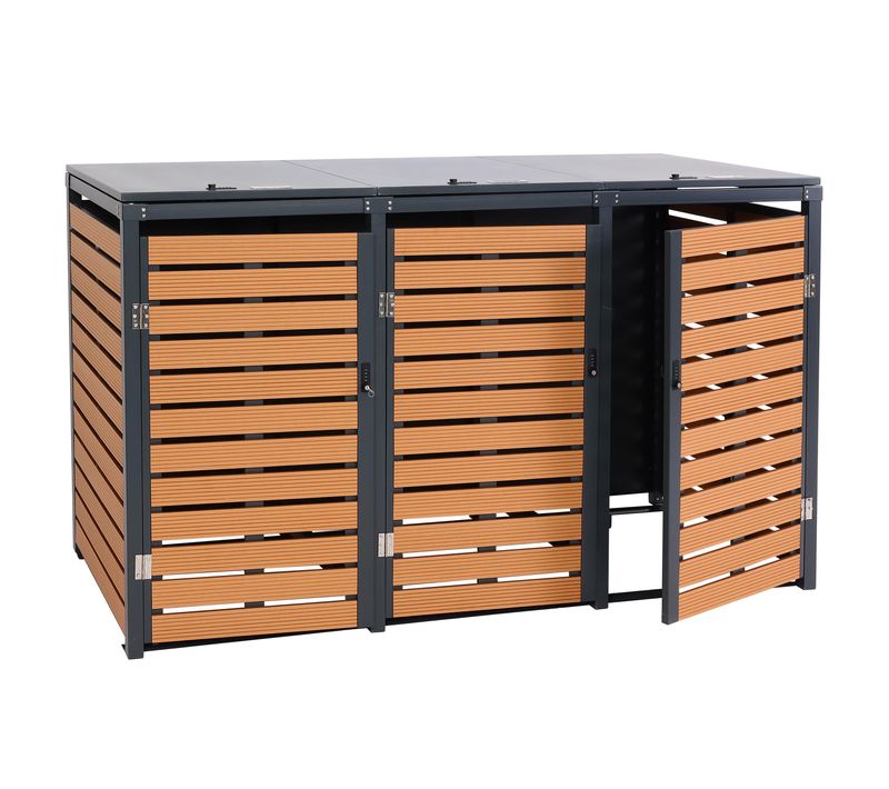 Abris Poubelles 3 Compartiments 119 X 205 X 84 Cm Wpc Métal 109kg Aspect Teck 04_0008241