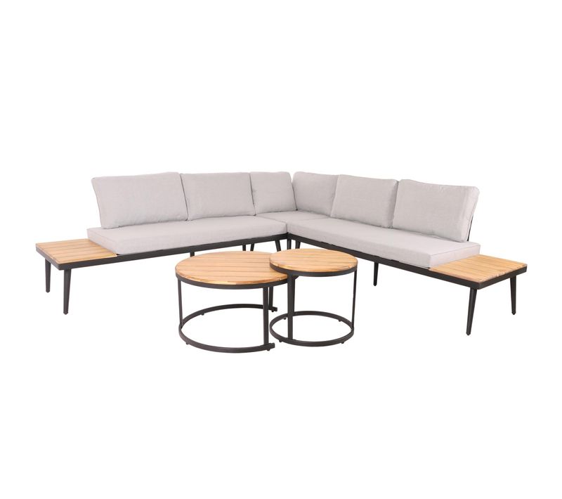 Salon De Jardin Avec Deux Tables D'appoint En Bois D'acacia Marron Pieds Acier Coussins Clair