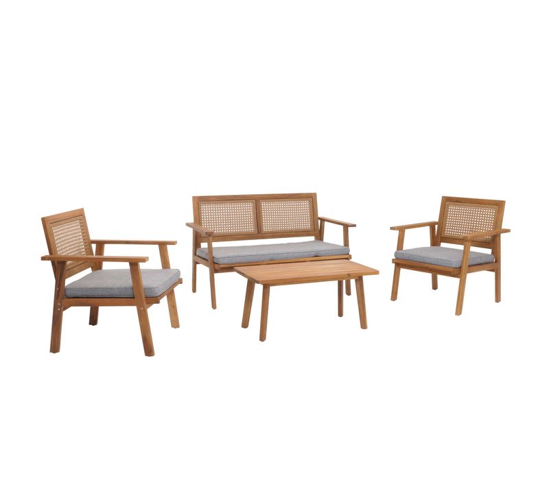Salon De Jardin Avec Table Banc Et 2 Chaises Bois Et Polyrotin Coussins Gris 04_0008325