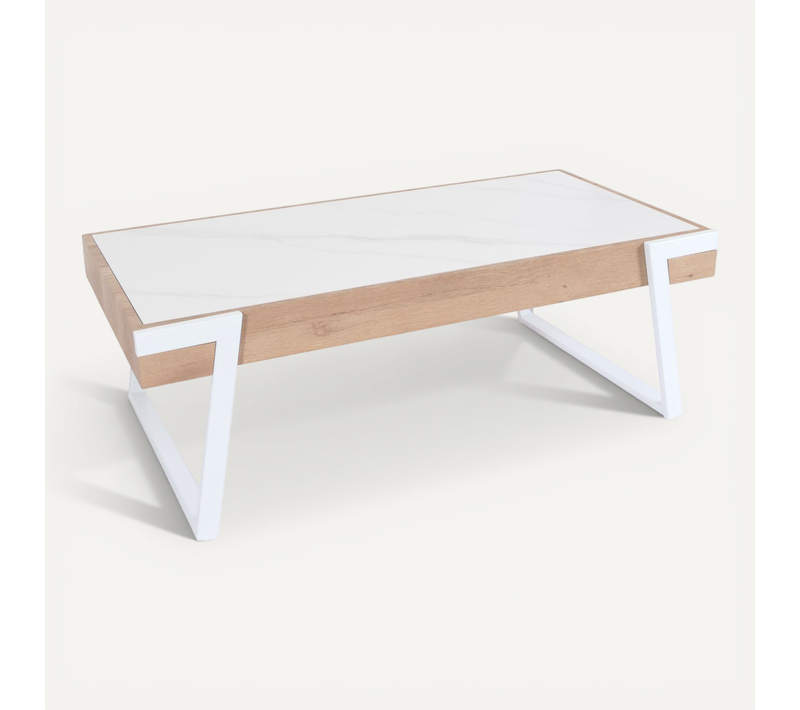 Table Basse Table De Salon 43x120x64 Cm Pierre Frittée Aspect Marbre Blanc Bois Naturel 04_0008446