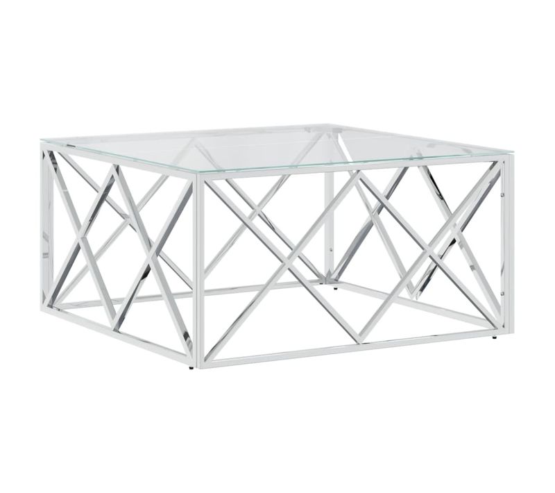 Table Basse De Salon Design Moderne 80 X 80 X 40 Cm Acier Inoxydable Et Verre Argenté Dec037191