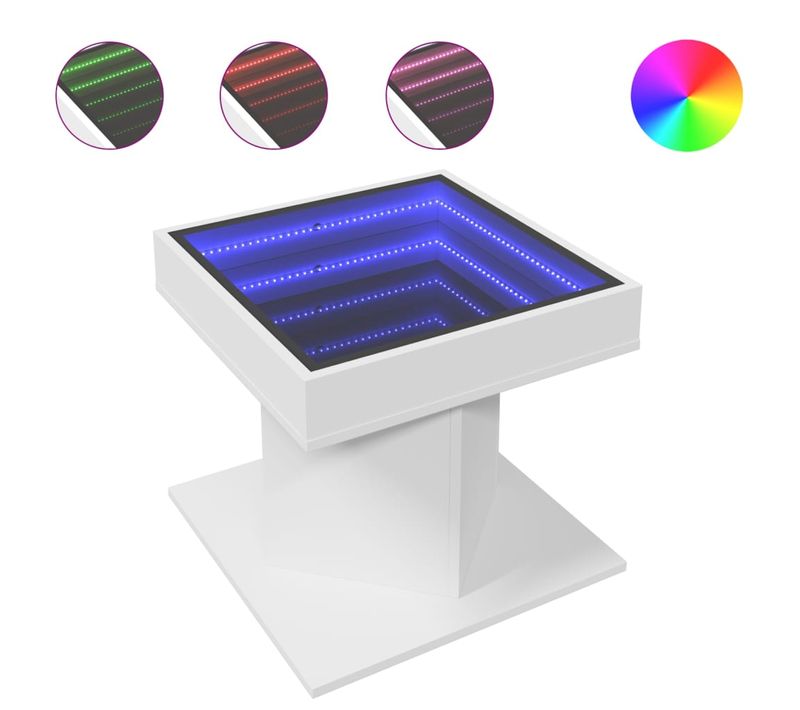 Table Basse De Salon Design Moderne Avec LED 50 X 50 X 45 Cm Bois D'ingénierie Blanc Et Verre Dec0