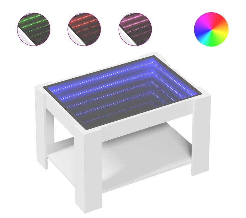 Table Basse De Salon Design Moderne Avec LED 73 X 53 X 45 Cm Bois D'ingénierie Blanc Et Verre Dec0