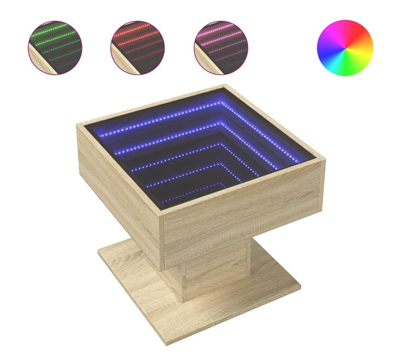 Table Basse De Salon Design Moderne Avec LED 50 X 50 X 45 Cm Bois D'ingénierie Et Verre Dec037415