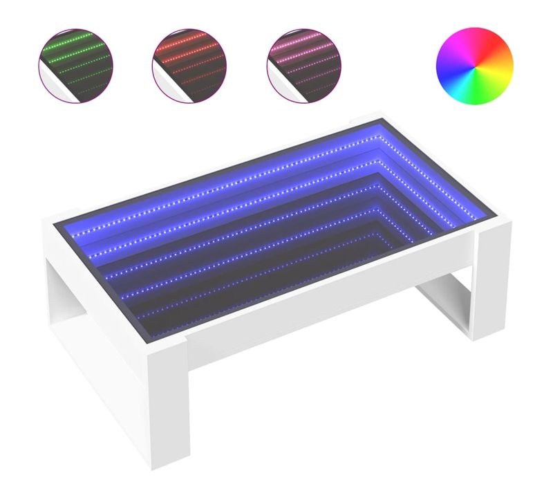 Table Basse De Salon Design Moderne Avec LED 90 X 53 X 30 Cm Bois D'ingénierie Blanc Et Verre Dec0