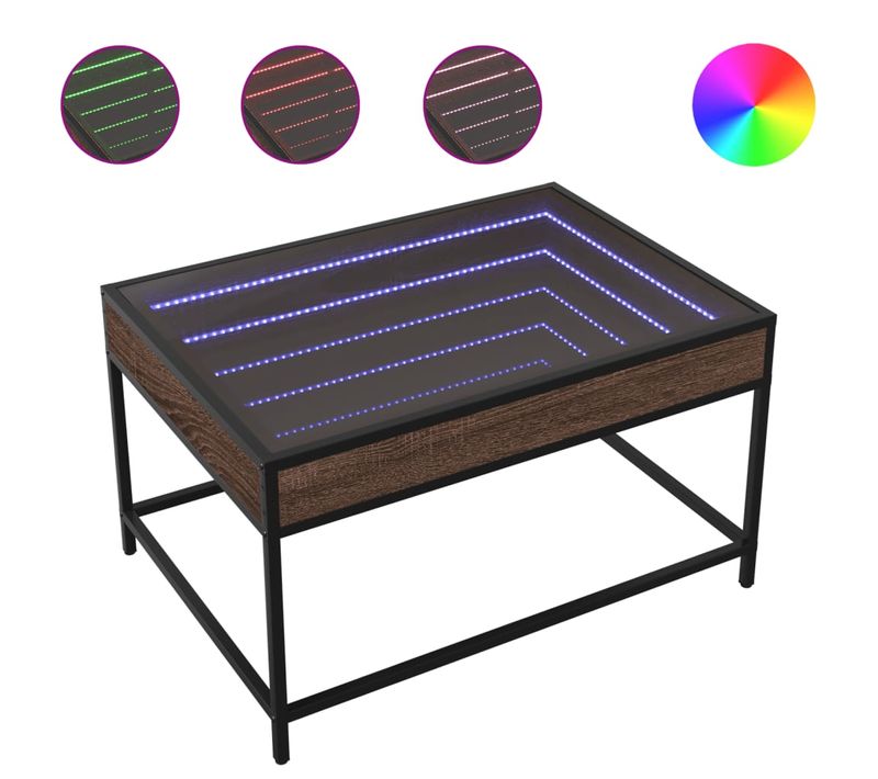 Table Basse De Salon Design Moderne Avec LED 70 X 50 X 41 Cm Bois D'ingénierie Marron Et Verre Dec