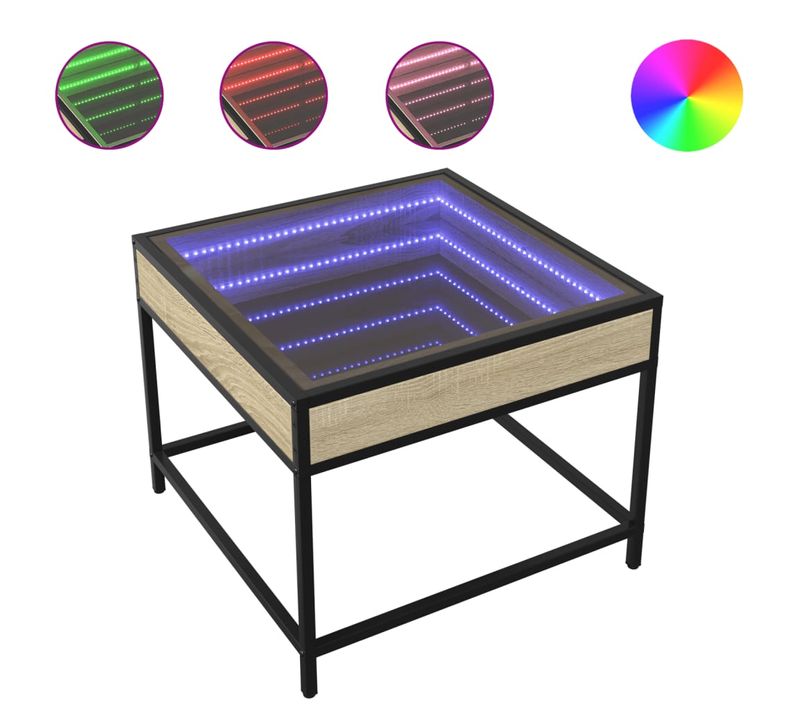 Table Basse De Salon Design Moderne Avec LED 50 X 50 X 41 Cm Bois D'ingénierie Couleur Chêne Verre