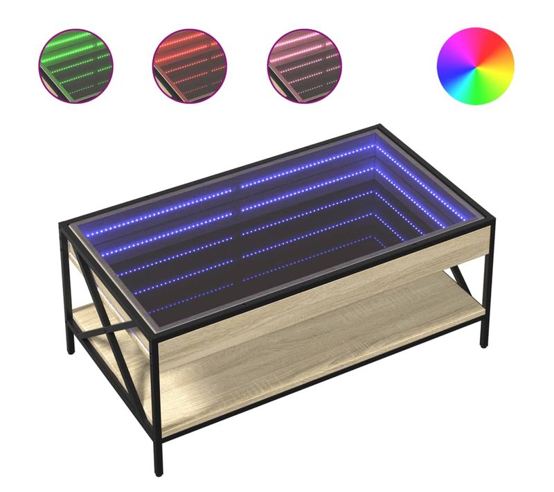 Table Basse De Salon Design Moderne Avec LED 90 X 50 X 38 Cm Bois D'ingénierie Verre Et Métal Dec0