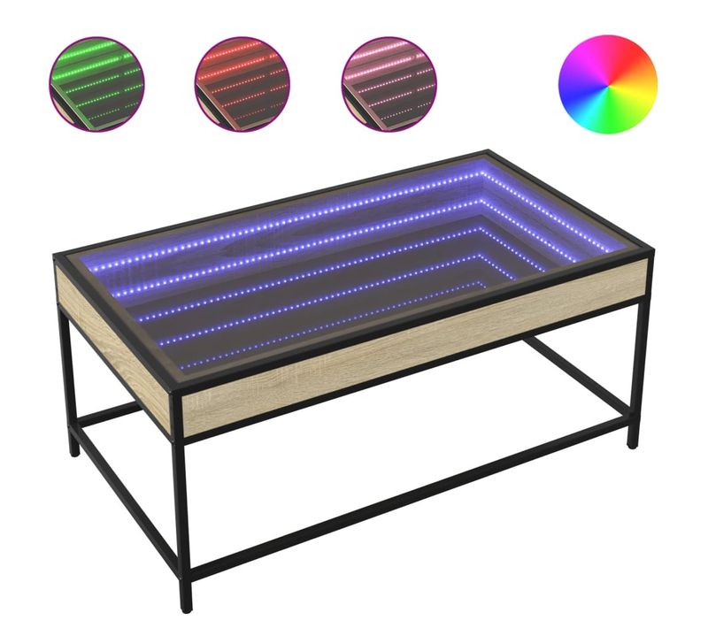Table Basse De Salon Design Moderne Avec LED 90 X 50 X 41 Cm Bois D'ingénierie Marron Verre Et Mét