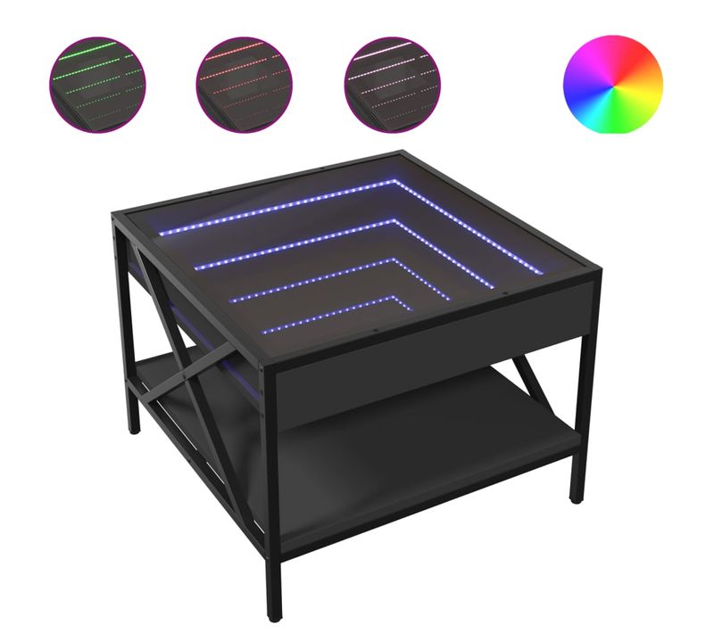 Table Basse De Salon Design Moderne Avec LED 50 X 50 X 38 Cm Bois D'ingénierie Noir Verre Et Métal