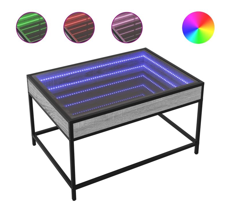 Table Basse De Salon Design Moderne Avec LED 70 X 50 X 41 Cm Bois D'ingénierie Gris Et Verre Dec03
