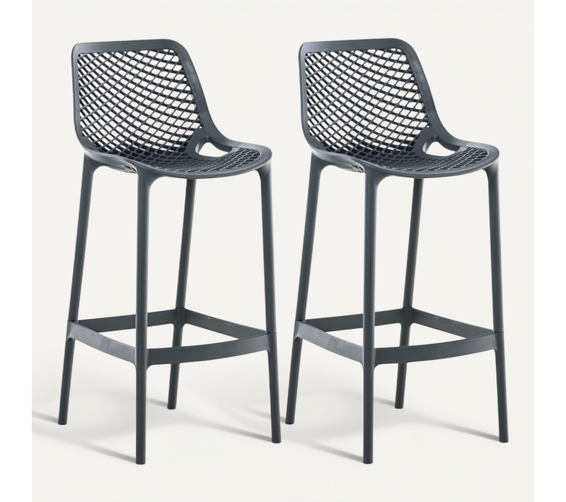 Lot De 2 Tabourets De Bar Avec Dossier En Plastique Gris Foncé Pour Extérieur Hauteur Assise 75 Cm