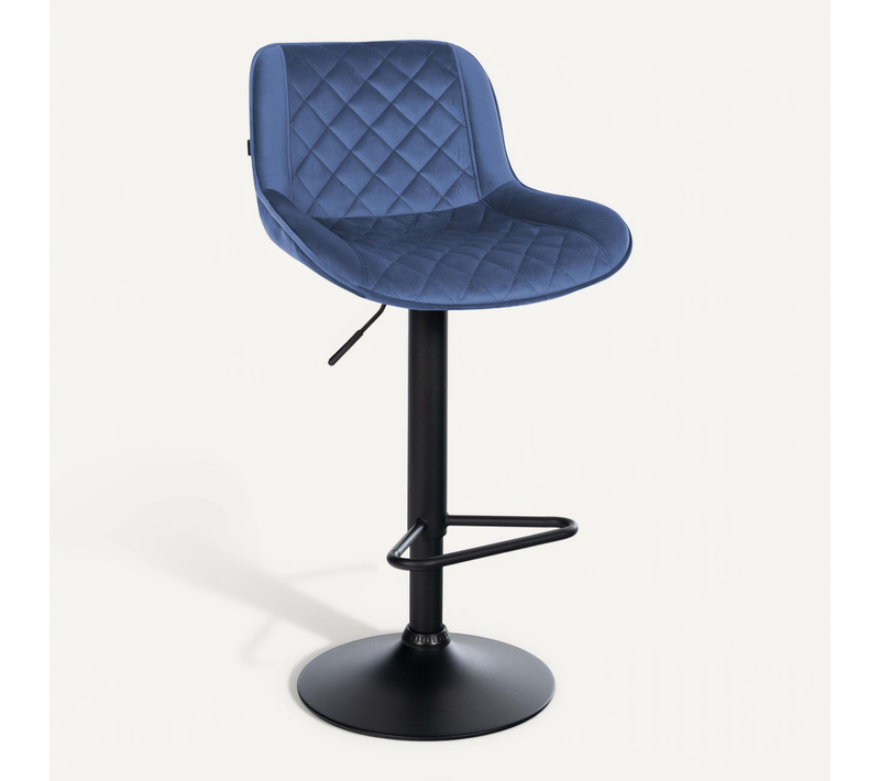 Tabouret De Bar X1 Repose-pieds Hauteur Réglable En Velours Bleu Coutures Losange Cadre Métal Noir
