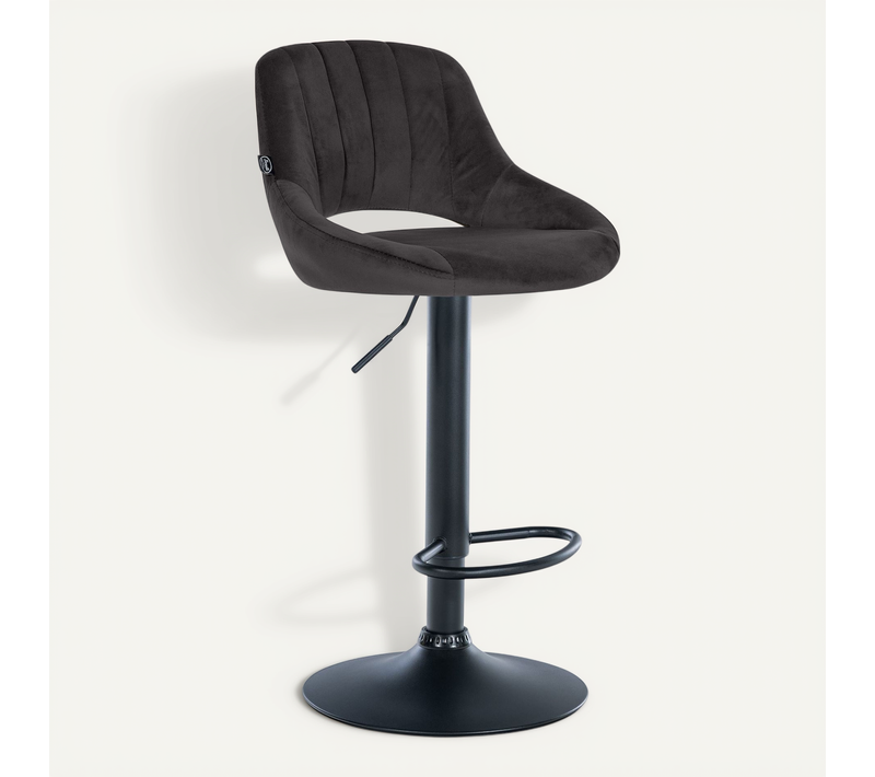 Tabouret De Bar X1 Réglable En Hauteur En Velours Noir Dossier Ajouré Et Pied Métal Noir 10_000579