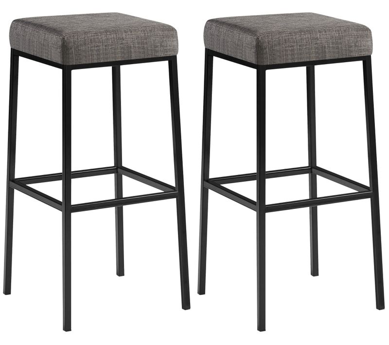 Lot De 2 Tabourets De Bar Avec Repose-pieds Assises Carrées Hauteur 80 Cm En Tissu Gris Et Métal