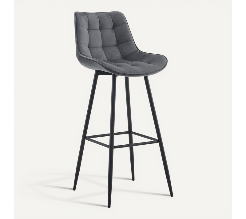 Tabouret De Bar X1 Coutures Décoratives Carrées Avec Repose-pieds En Velours Gris Foncé Quatre