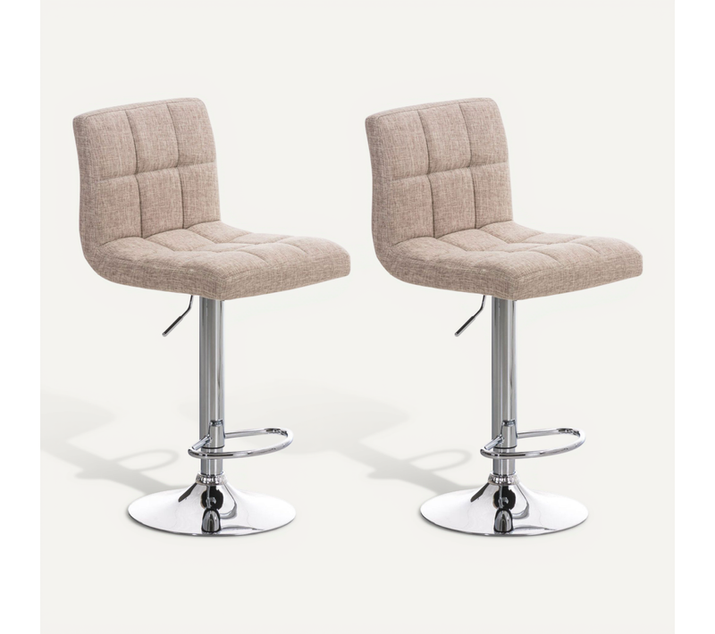 Lot De 2 Tabourets De Bar Design Rétro Moderne Surpiqûres Carrées En Tissu Crème Et Métal Chromé 1