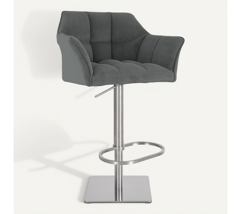 Tabouret De Bar X1 Réglable En Velours Côtelé Gris Assise Enveloppante Capitonnée Et Avec Base