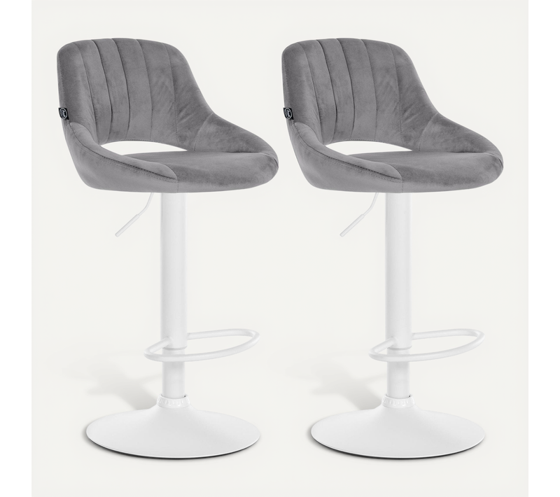 Lot De 2 Tabourets De Bar Réglables En Velours Gris Foncé Dossier Ajouré Et Pied Métal Blanc 10_00