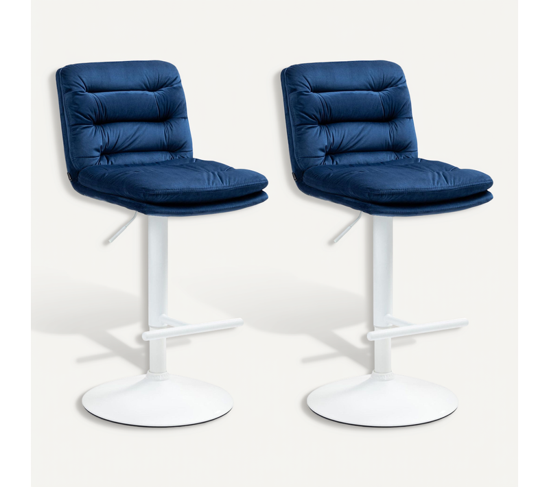Lot De 2 Tabourets De Bar Avec Repose-pieds Et Dossier Assise En Velours Bleu Et Métal Blanc