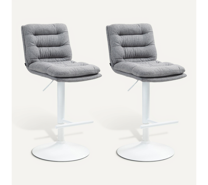 Lot De 2 Tabourets De Bar Avec Repose-pieds Et Dossier Assise En Tissu Gris Et Métal blanc