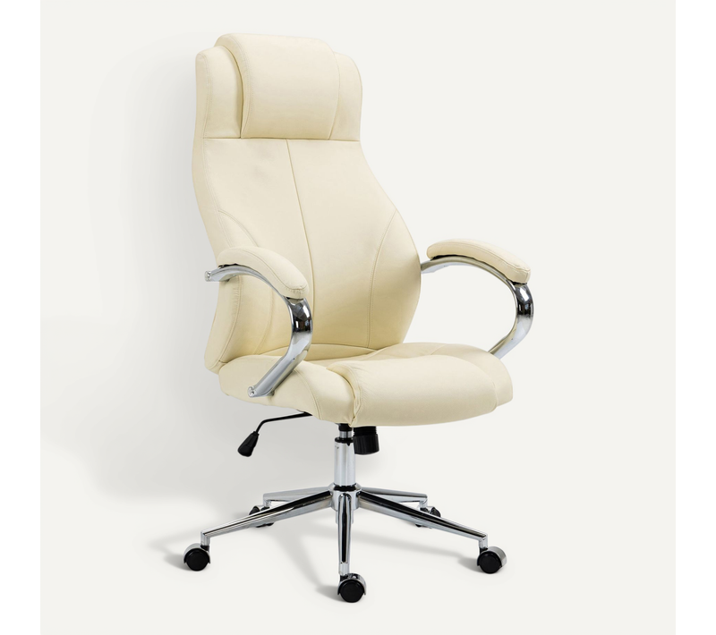 Fauteuil De Bureau Sur Roulettes Dossier Ergonomique En S Appui-tête En Cuir Véritable Crème