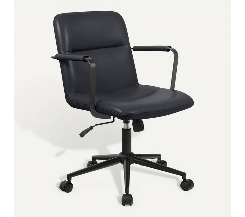 Chaise De Bureau Sur Roulette Avec Accoudoirs Design Rétro En Cuir Véritable Noir 10_0007002