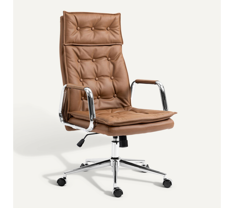 Fauteuil De Bureau Capitonné Rembourrage Épais En Véritable Cuir Marron Clair Et Pieds Métal