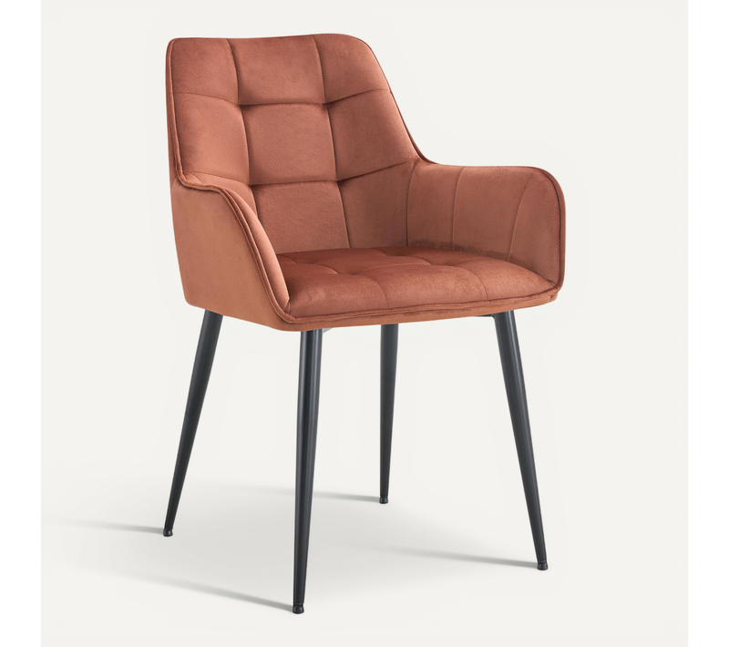 Chaise De Salle à Manger X1 Avec Accoudoirs En Velours Marron Capitonné Cadre Métal Noir 10_000719