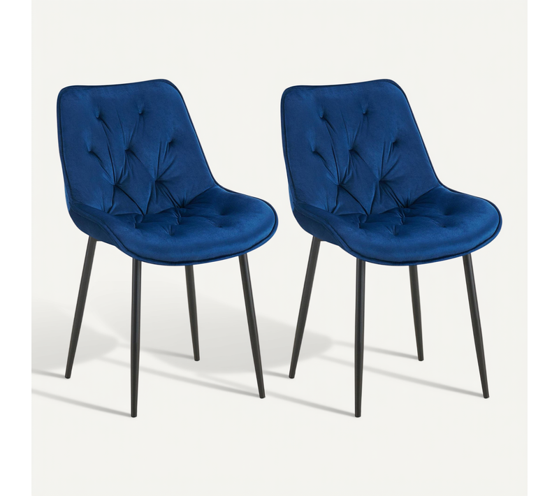 Lot De 2 Chaises De Salle à Manger Assise Et Dossier Capitonné En Velours Bleu Et Métal Noir 10_00