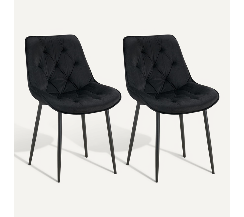 Lot De 2 Chaises De Salle à Manger Assise Et Dossier Capitonné En Velours Noir Et Métal Noir 10_00