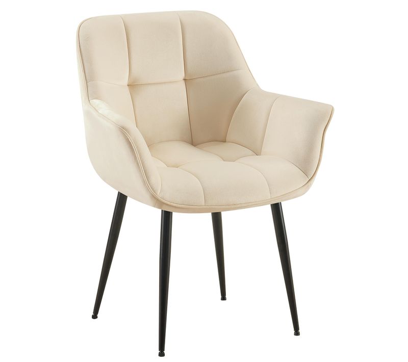 Chaise Avec Accoudoirs En Velours Matelassé Crème Structure Métallique Noir Confort Premium 10_000