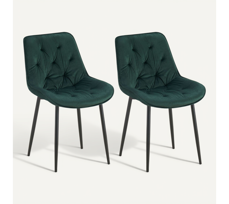 Lot De 2 Chaises De Salle à Manger Assise Et Dossier Capitonné En Velours Vert Et Métal Noir 10_00
