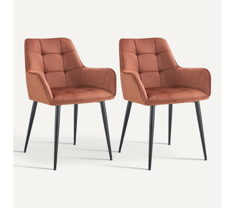 Lot De 2 Chaises De Salle à Manger Avec Accoudoirs En Velours Marron Capitonné Cadre Métal Noir 10