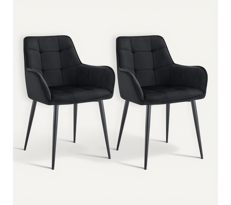 Lot De 2 Chaises De Salle à Manger Avec Accoudoirs En Velours Noir Capitonné Cadre Métal Noir 10_0