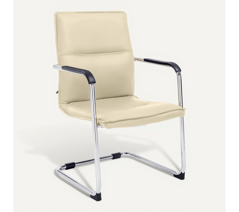 Chaise De Bureau Fauteuil Visiteur Avec Accoudoirs En Pvc Crème Et Métal Aspect Chromé 10_0007705