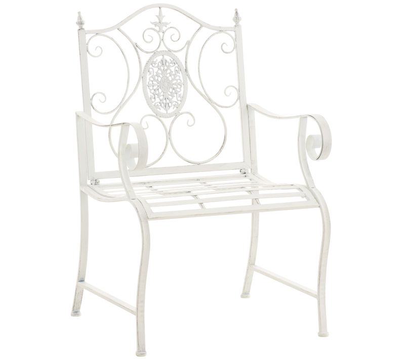 Fauteuil En Métal Blanc Vieilli Avec Motifs Décoratifs – Jardin Ou Terrasse 10_0007951