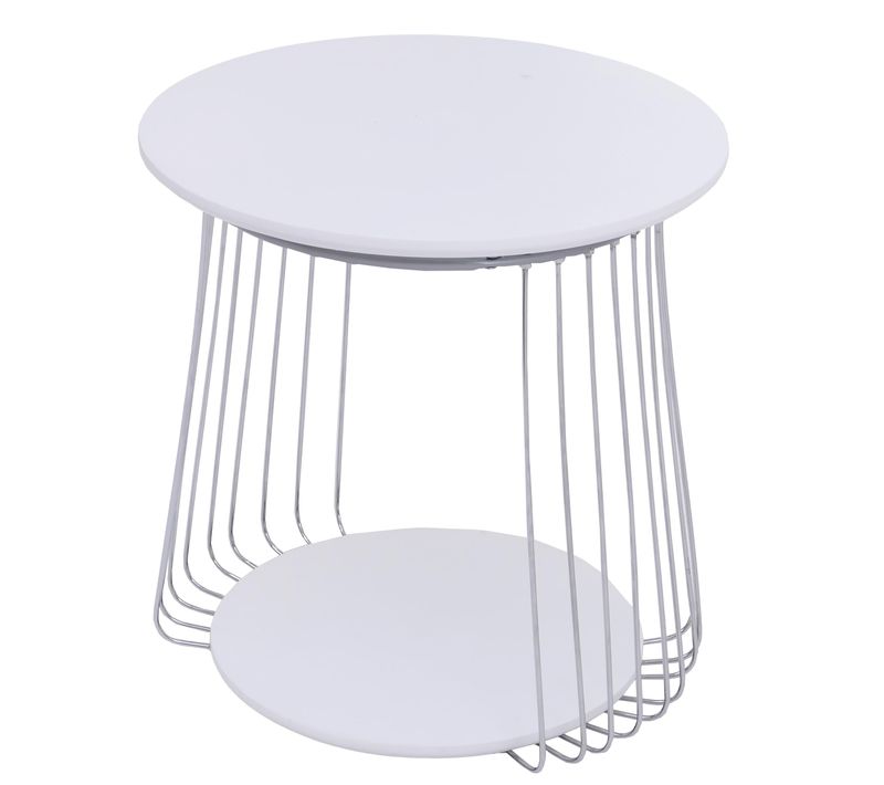 Table Basse Ronde D. 50 Cm Table D’appoint Design Avec Double Plateau Métal Et Mdf Blanc 04_0008794