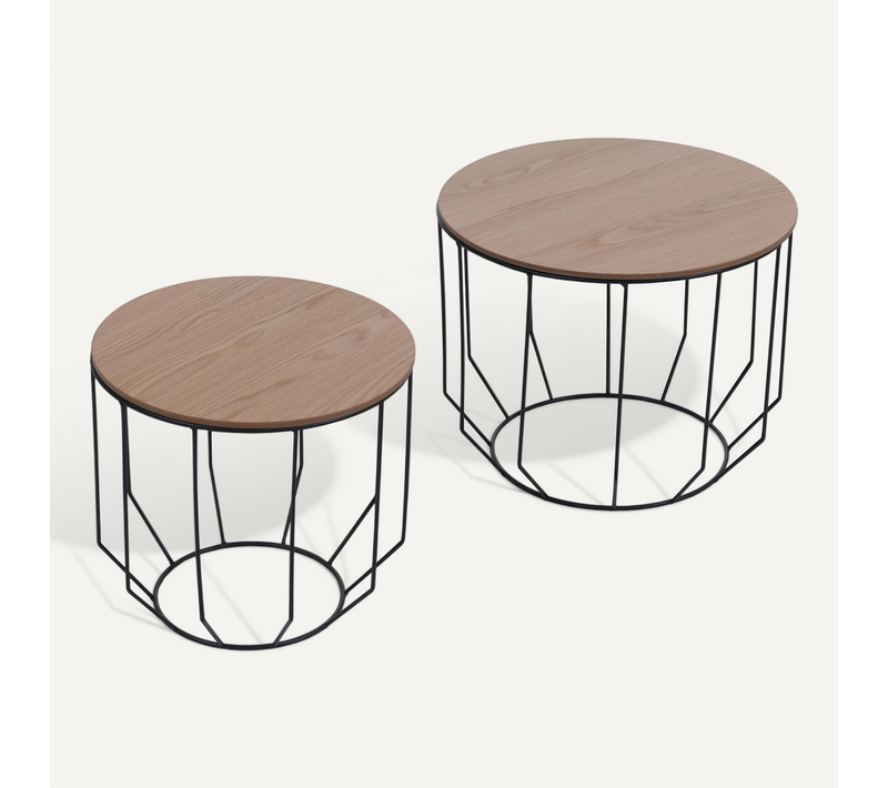 Lot De 2 Tables Basses Gigognes En Métal Et Bois Plaqué Chêne Huilé Style Industriel 04_0008804