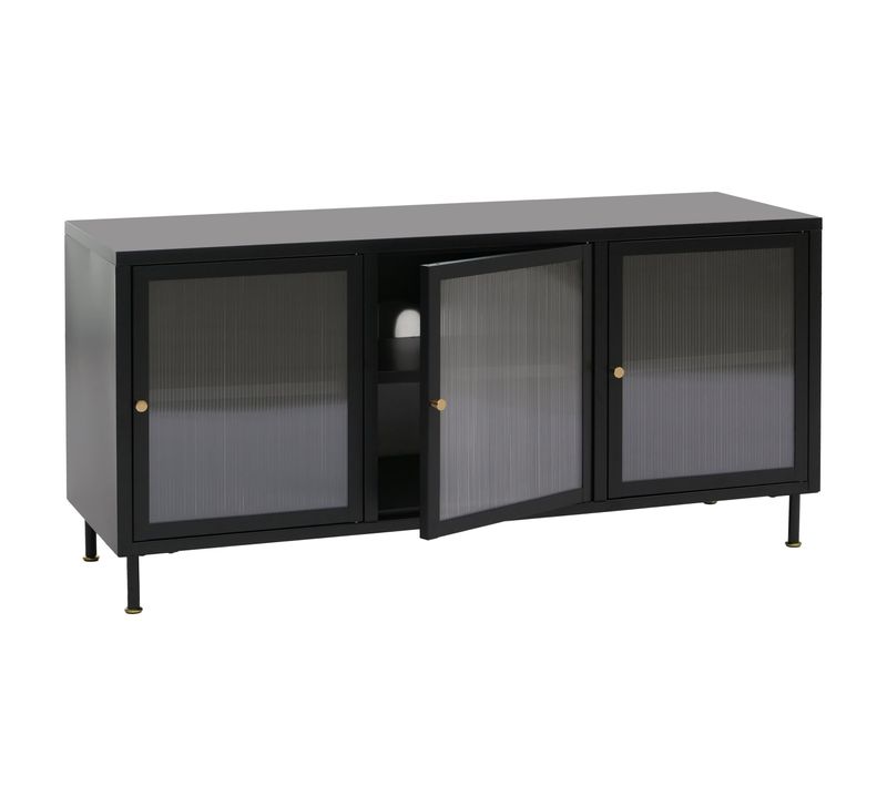 Meuble TV 2 Portes 6 Compartiments Style Industriel 58x120x40 Cm En Acier Noir Et Verre Structuré