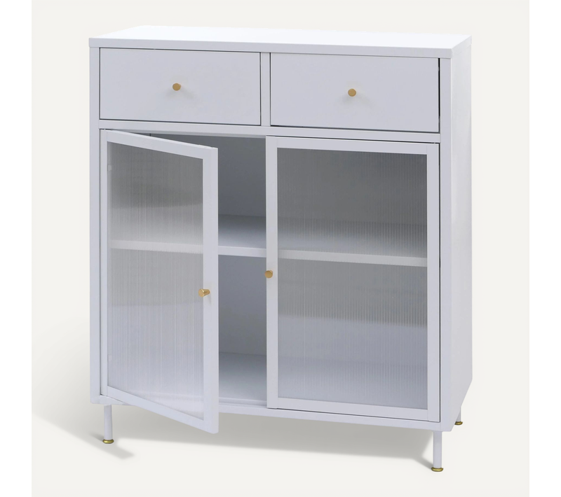 Commode Industrielle En Métal Blanc Avec Portes En Verre Strié 2 Tiroirs Et étagère Réglable 96x80