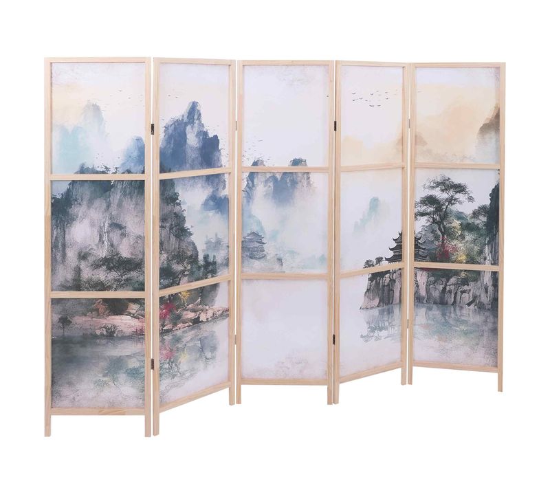 Paravent Séparation De Pièce 5 Panneaux Motif Montagne En Bois De Pin Et Polyéthylène 170 X 227 Cm