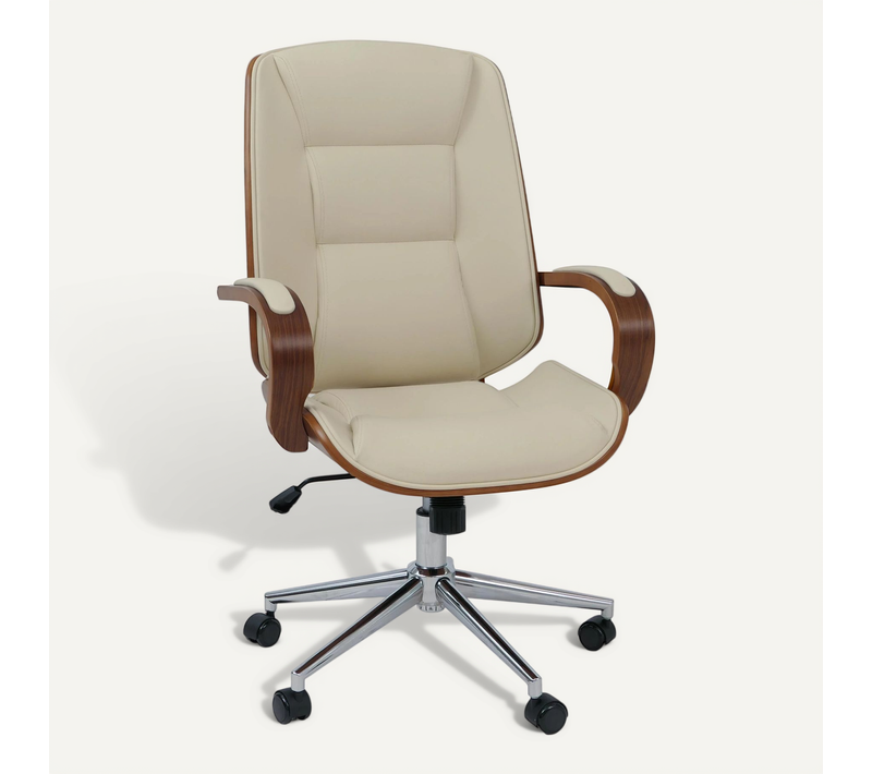 Fauteuil De Bureau Sur Roulettes Pivotant Avec Accoudoirs En Simili Cuir Crème Avec Structure