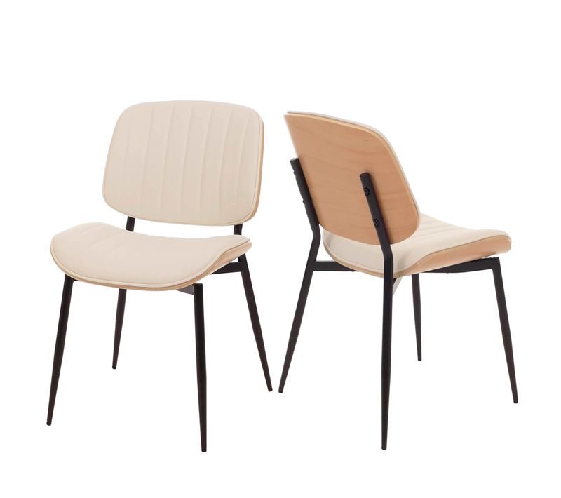 Lot De 2 Chaises De Salle à Manger En Bois Courbé Finition Clair Et Simili Cuir Crème