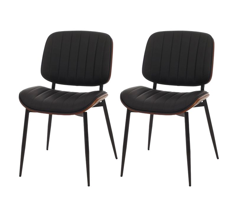 Lot De 2 Chaises De Salle à Manger En Bois Courbé Finition Noyer Et Simili Cuir Noir Avec Surpiqûres