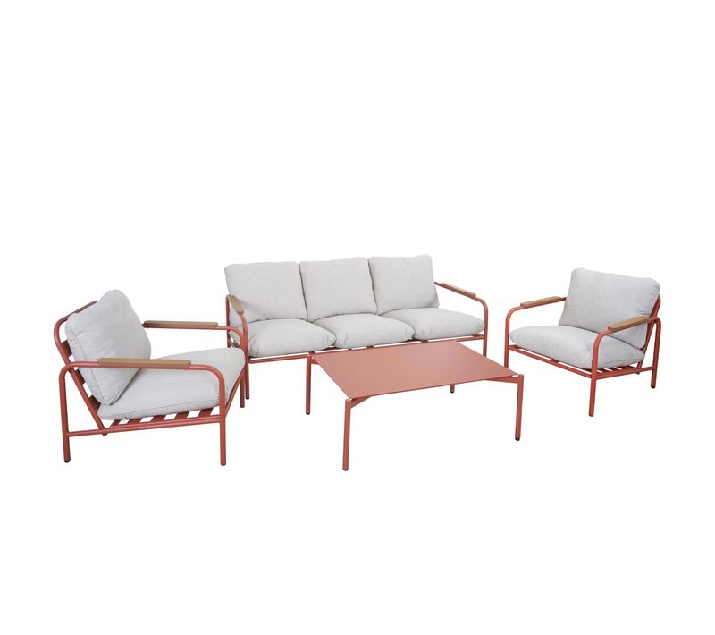 Salon De Jardin Avec Canapé 3 Places 2 Fauteuils Et Table En Aluminium Couleur Terre Cuite Coussin