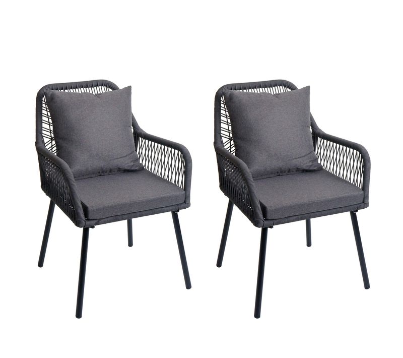 Lot De 2 Chaises De Jardin Confortables Aluminium Tressage Corde Coloris Anthracite Avec Coussins