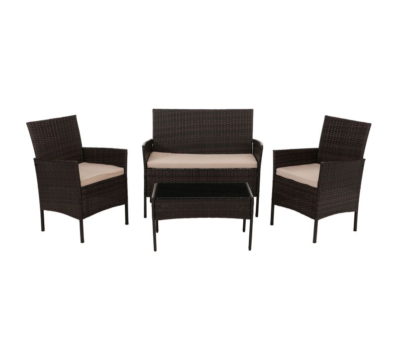 Salon De Jardin Ensemble Lounge 4 Places Avec Table En Verre En Résine Tressée Marron Et Coussins