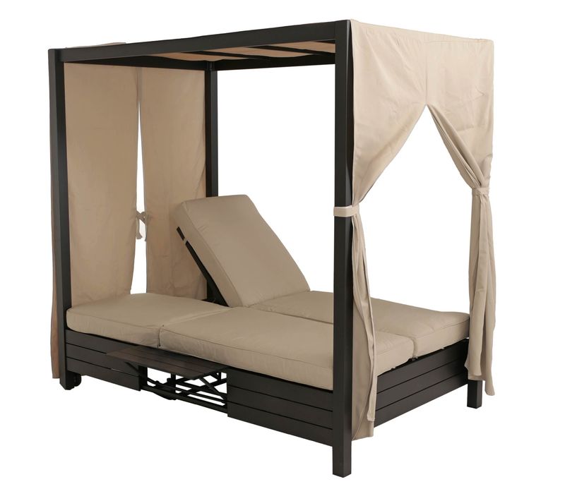 Lit De Jardin Double Avec Fonction Bain De Soleil Avec Rideaux Coussin Crème 10 Cm En Aluminium